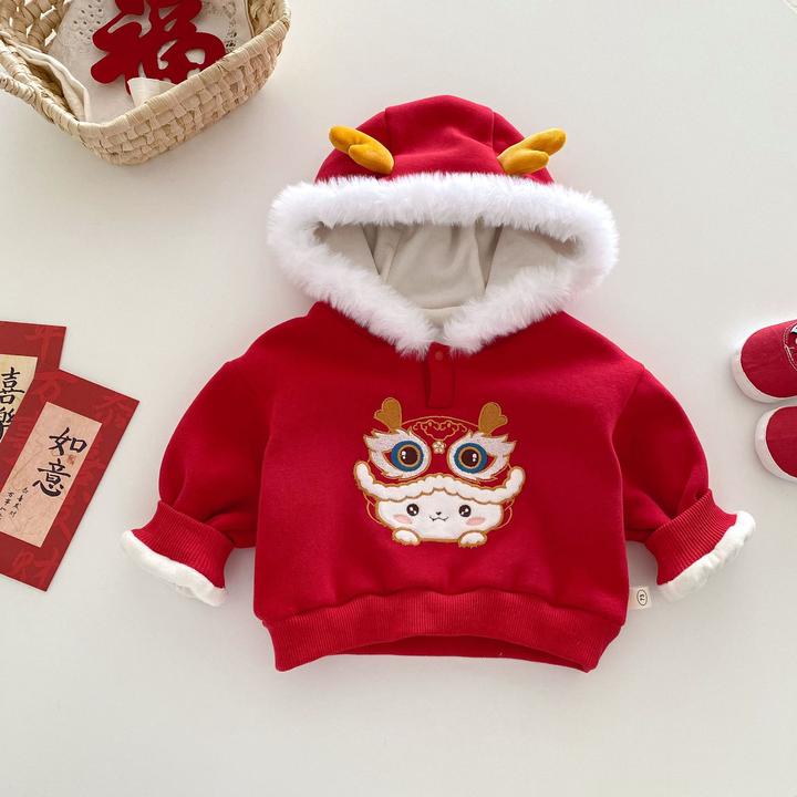 儿童喜庆年服0-5岁冬季中国风女童连帽加绒卫衣男童拜年服潮AY682