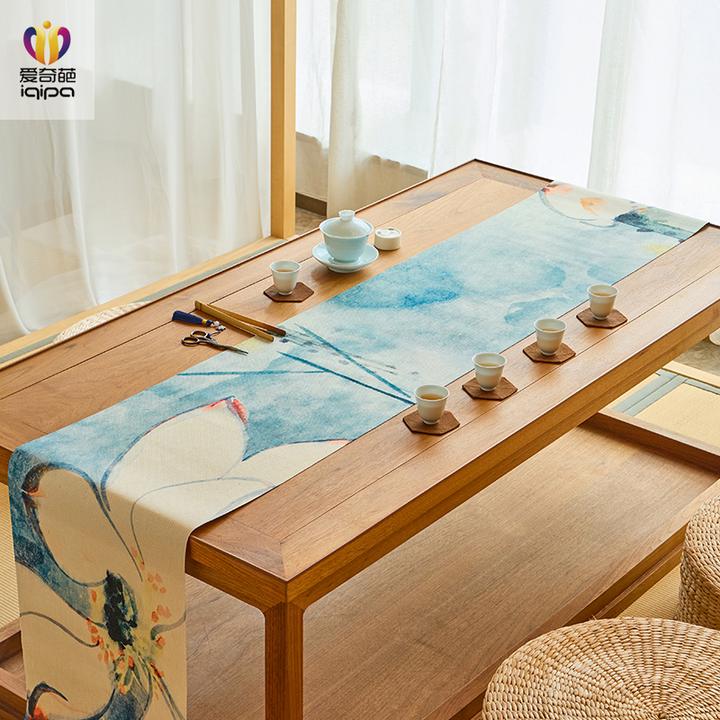 爱奇葩原创水墨荷花中式茶席禅意棉麻国风桌旗茶台茶桌茶几桌布