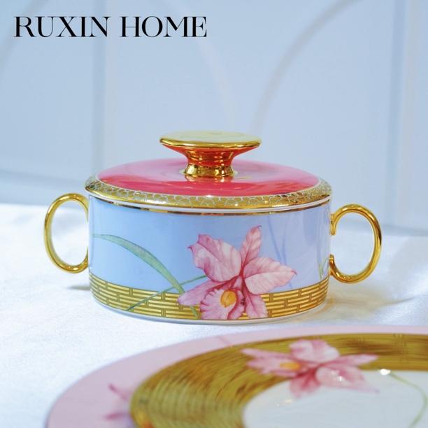 如馨家居 自然写生卡特兰双耳盅带盖早餐碗高骨瓷高奢燕窝碗果碗