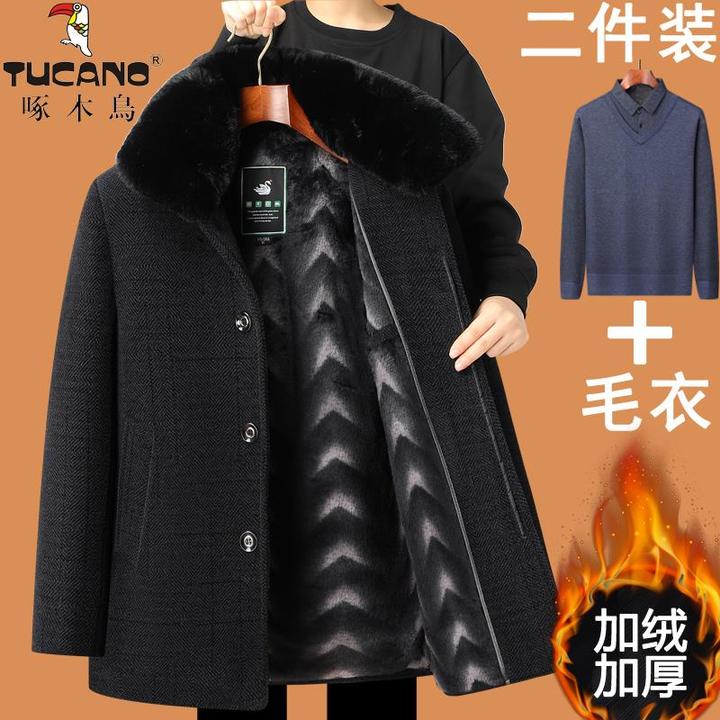 啄木鸟爸爸冬装毛呢外套加绒加厚保暖棉服中老年人棉衣男爷爷棉袄
