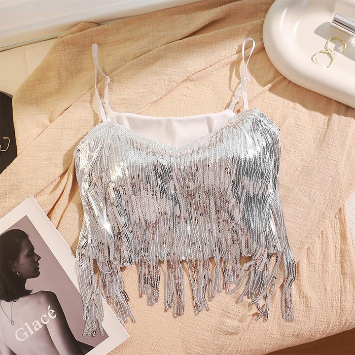 流苏吊带背心性感跳舞表演纯欲辣妹抹胸亮片闪闪露脐别致上衣外穿