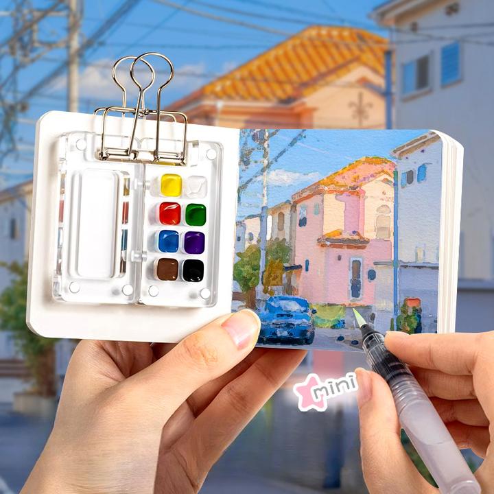 迷你水彩颜料亚克力盒随身便携手账本写生旅行绘画画本调色小画板