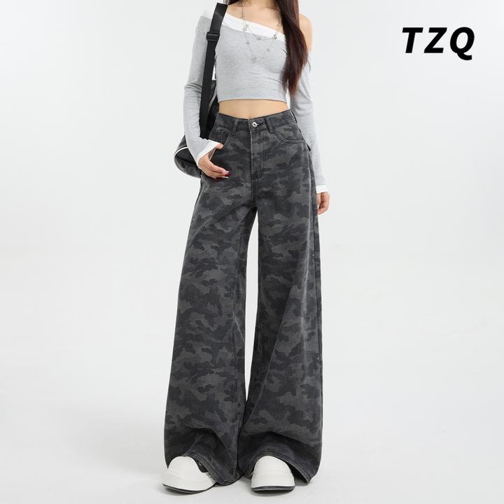秋冬新款高腰宽松显瘦拖地牛仔裤女美式高街迷彩阔腿裤TZQ120559