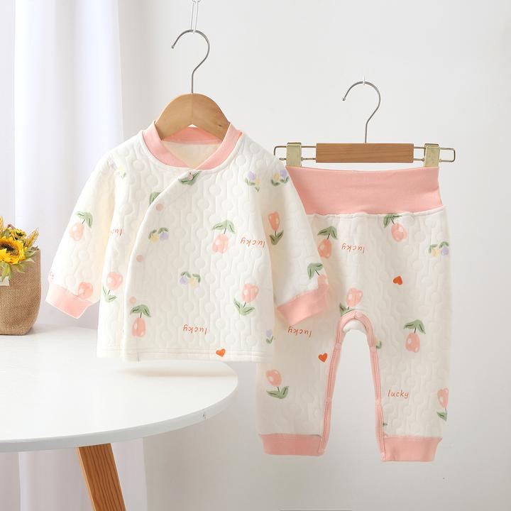 秋冬季新款婴幼儿保暖内衣套装新生儿偏襟高腰开裆男女宝宝套装