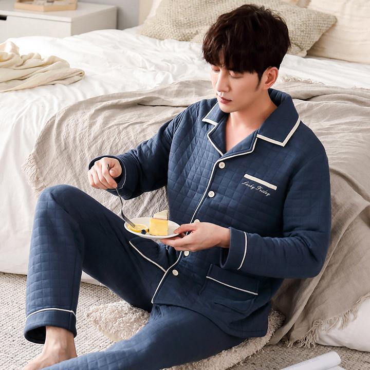 男士睡衣秋冬季加厚纯棉加绒长袖家居服夹棉套装开衫爸爸全棉春秋