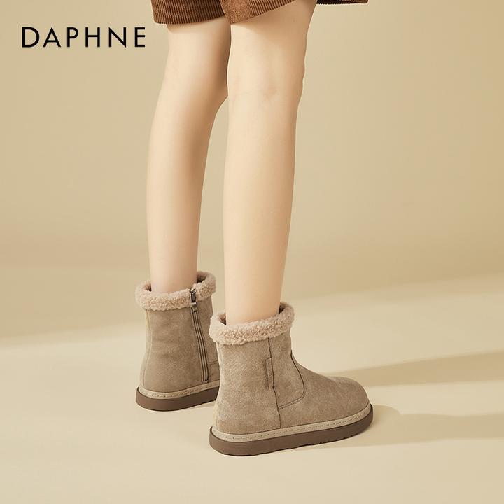 达芙妮翻毛皮短靴女款2024新款冬季加绒加厚雪地靴女款保暖大棉鞋