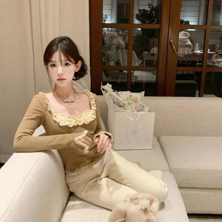 精致甜系少女风法式收腰长袖针织打底上衣高腰显瘦微喇裤显腿长裤