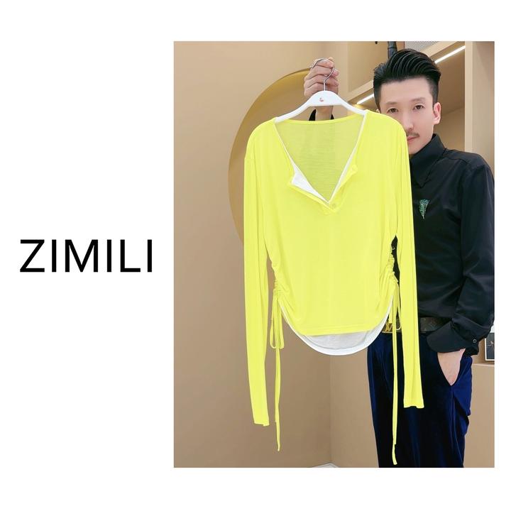 【亮哥女装】2025欧版莱赛尔天丝鹅黄色V领收腰假两件爽肤衣3238A