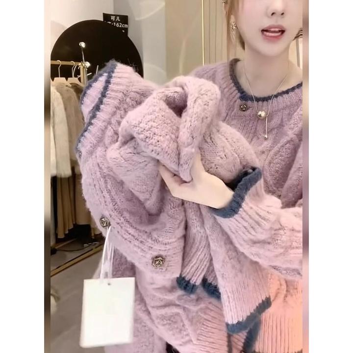 女款气质服装外套女2024秋冬新款胖mm慵懒风宽松粉色针织开衫上衣