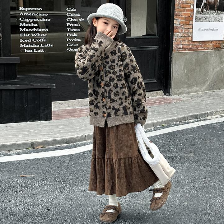 女童毛衣套装秋冬装2024新款女孩洋气时髦针织开衫加绒加厚裙子潮