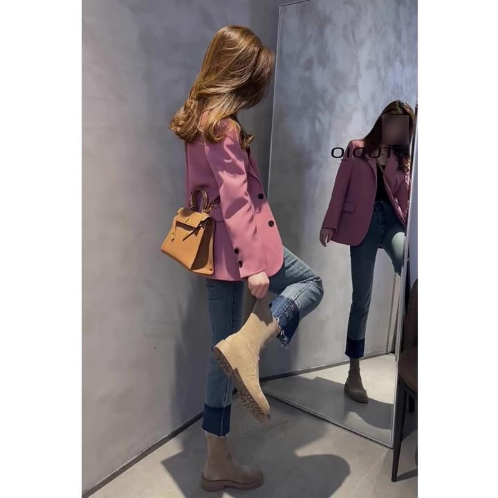 2024新款小个子高级感炸街气质名媛粉色休闲西装外套女春秋季西服