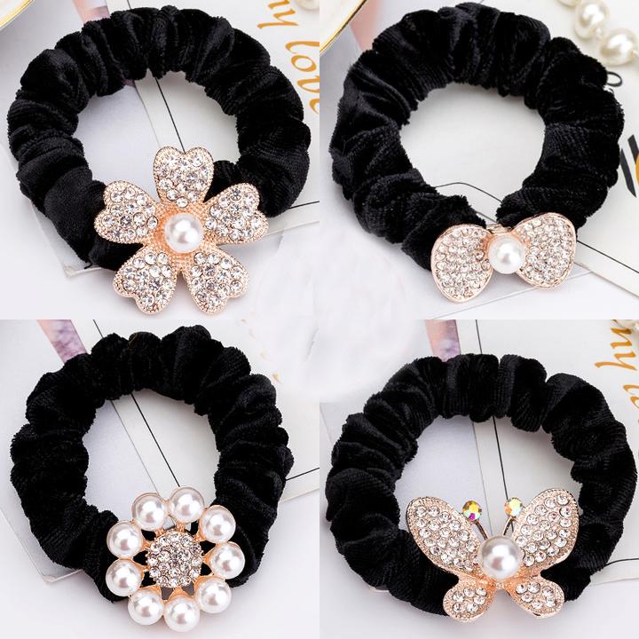 时尚水晶水钻头饰妈妈盘发扎发饰品绒布发圈发绳头绳皮筋带钻头花