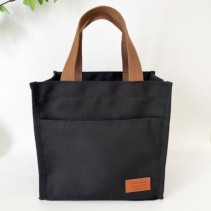 手提袋子黑色帆布小包上班族小学生带饭保温饭盒包大码男士便当袋