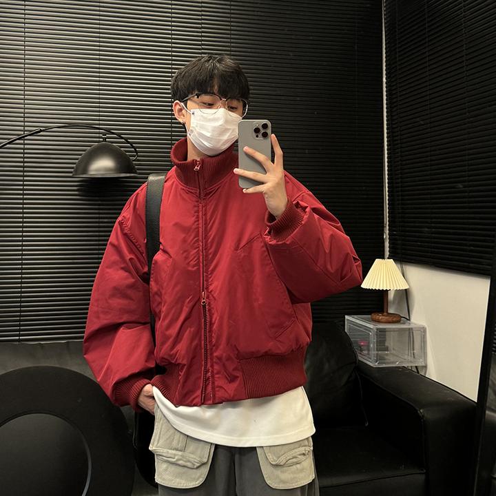 美式cleanfit纯色棒球服棉衣男款冬季双头拉链设计感短款棉服外套