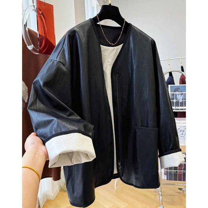 今年流行高级感慵懒松弛感圆领宽松休闲皮衣外套女春秋款皮夹克