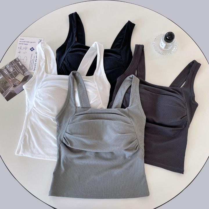 褶皱设计感百搭纯色吊带背心女带胸垫内搭外穿修身显瘦美背上衣潮