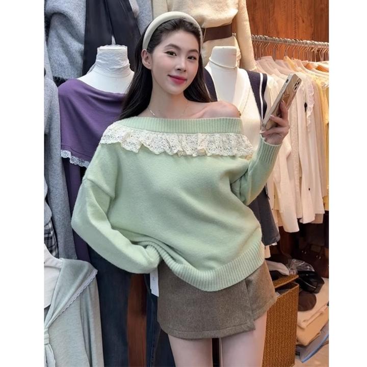 绿色蕾丝花边一字肩针织衫女秋冬宽松慵懒风毛衣纯欲性感露肩上衣