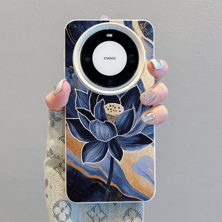 油画莲花适用华为Mate60Pro手机壳创意Pura70皮纹小米14全包防摔