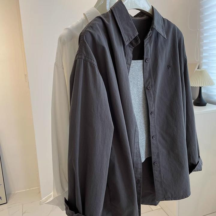 【杭州意法好货】简约休闲衬衫秋小字母刺绣宽松棉质长袖叠穿衬衣女