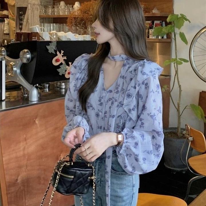 法式轻熟风领碎花衬衫女春季设计感荷叶边系带长袖衬衣别致上衣