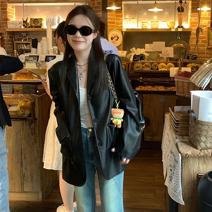 2025设计感西装皮衣外套女新款韩系机车风高街时尚黑色小西服潮