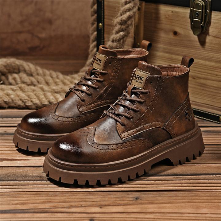 马克华菲男鞋2025新款布洛克马丁靴男士高帮工装靴增高加绒皮靴子