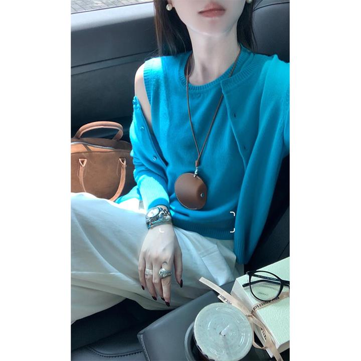 休闲穿搭女士秋季排扣长袖短小众针织外衫圆领背心直筒时尚休闲裤