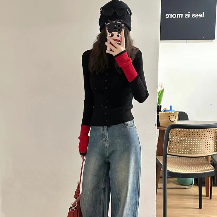 时尚穿搭女士春季斜领长袖显瘦百搭小众针织上衣直筒气质休闲裤