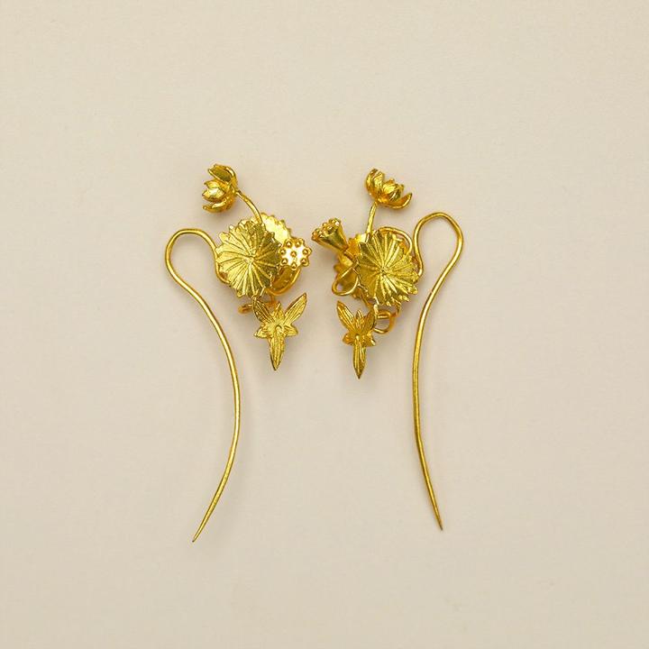 耳饰满池娇荷塘小景耳坠金色小众饰品时尚复古风长款轻奢女