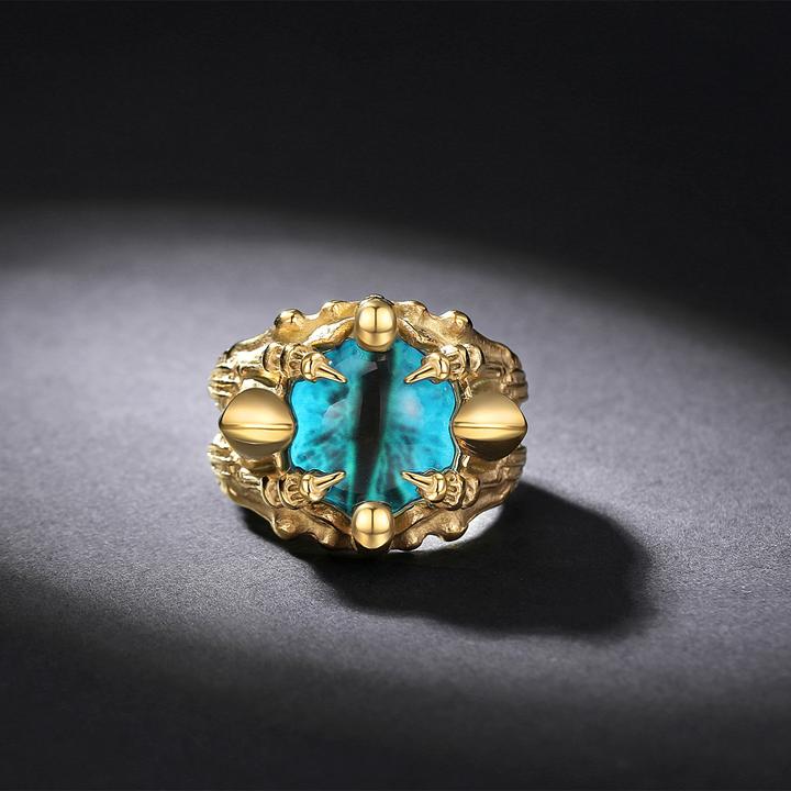 狮琅 钛钢莫桑石戒指 恶魔之眼戒指钛钢镀金镶嵌手工制作金色古风