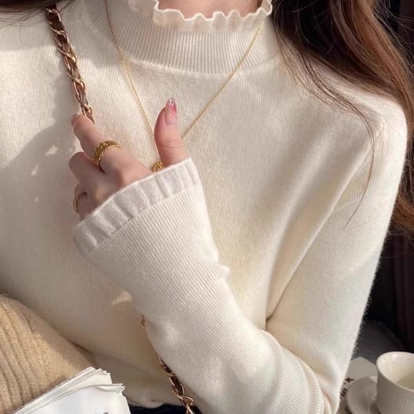 木耳边打底衫2024新款女秋冬上衣蕾丝边小香风内搭白色半高领毛衣