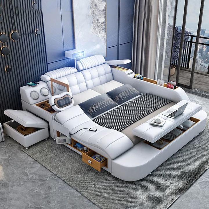 狄䇤榻榻米床主卧现代简约双人床真皮床智能按摩投影大床储物婚床