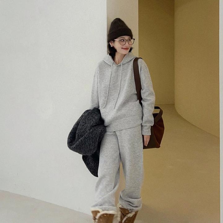 灰色连帽加绒加厚卫衣套装女秋冬时尚高级感炸街休闲运动服两件套