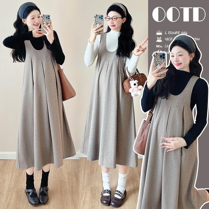 Umi柚米 秋冬孕妇装毛呢背心裙+加厚打底毛衣两件套系带A字连衣裙