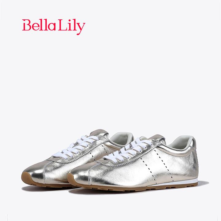 BellaLily2024春季新款软底牛皮德训鞋女潮流低帮平底鞋百搭板鞋