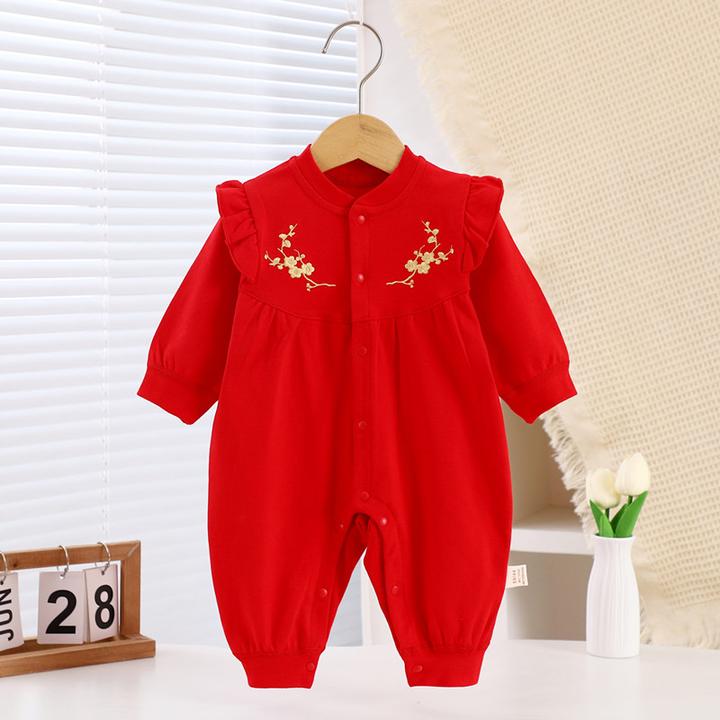 女宝连体衣春秋新款百天满月婴儿拍照服装纯棉刺绣红色新生儿衣服