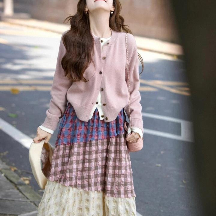 2024秋冬一整套女高级感假两件针织上衣女彩色拼接半身裙两件套潮
