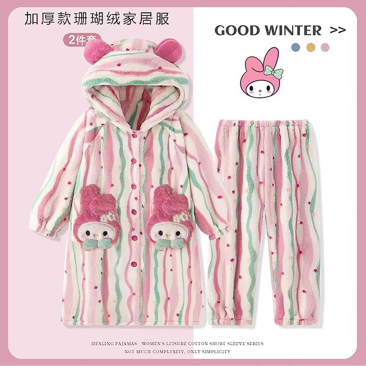 女童睡衣秋冬季珊瑚绒加厚款儿童家居服女孩法兰绒睡袍浴2025新款