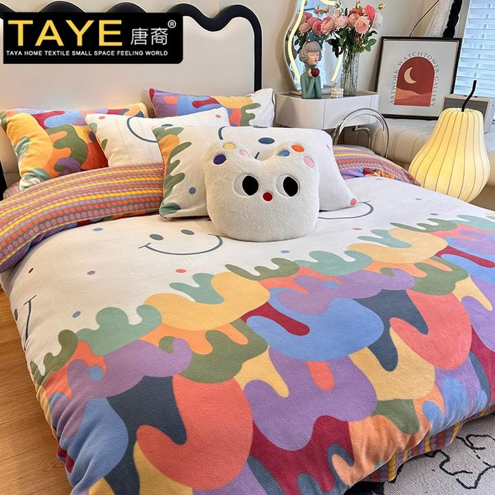 卡通双面牛奶绒床上四件套冬季加厚被套床单珊瑚绒单人床笠三件套