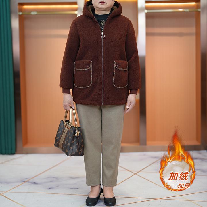 大码妈妈装颗粒绒加厚加绒连帽外套2025冬新款中老年洋气休闲上衣