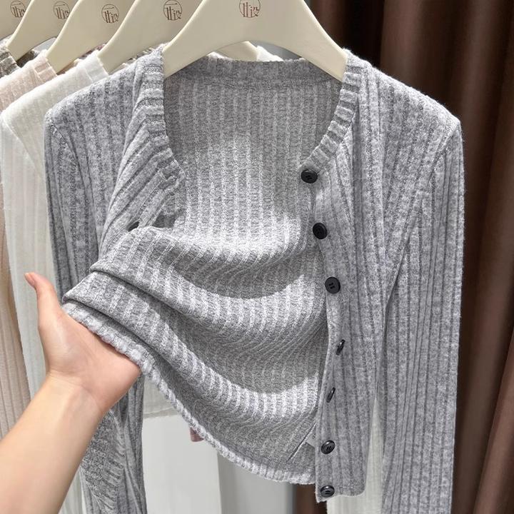 灰色抗条磨毛针织开衫外套女2025新款春秋小个子韩系穿搭圆领上衣