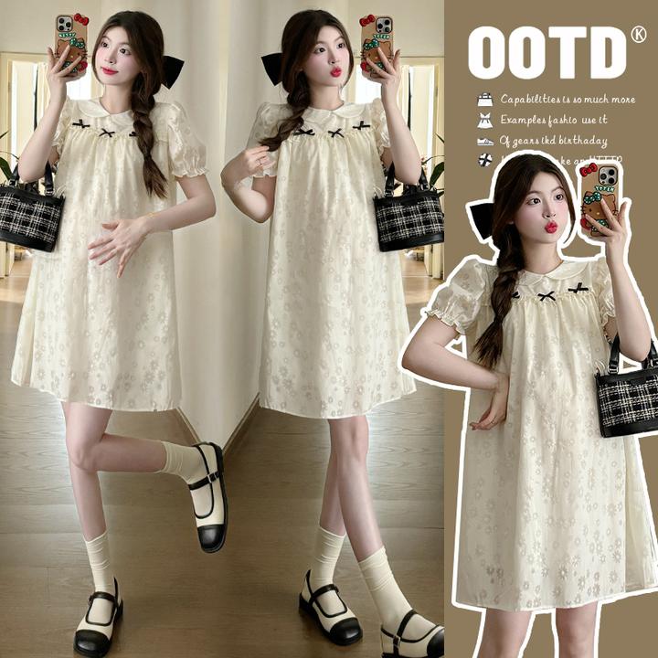 2025夏新款外出时尚洋气蝴蝶结娃娃领甜美设计短袖孕妇连衣裙夏装