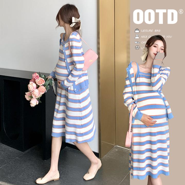 孕妇秋装套装时尚款2025新款条纹上衣外套春秋大码针织连衣裙秋季