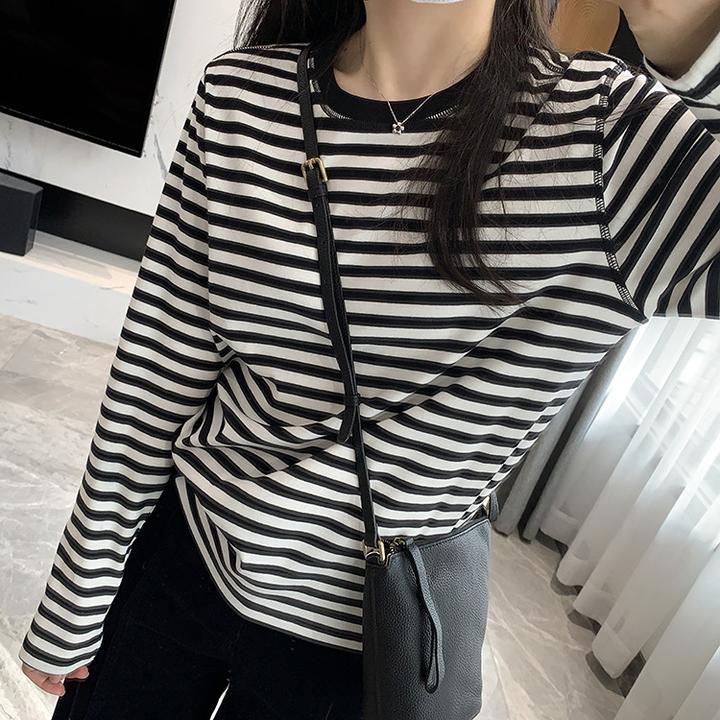 「四针六线 显瘦条纹t恤」春秋韩版宽松百搭圆领长袖打底上衣T006