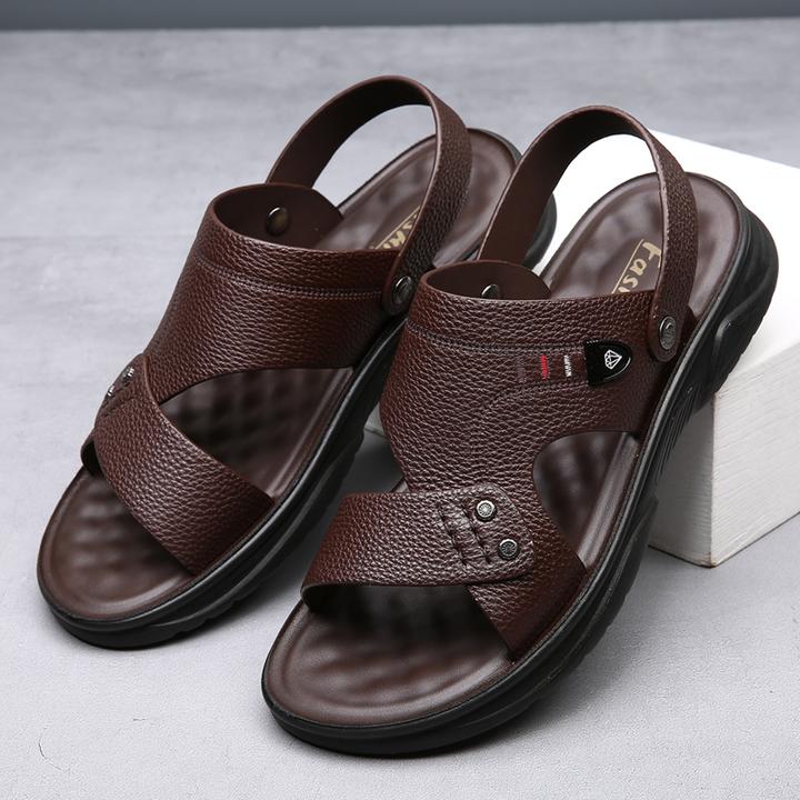 头层牛皮软底凉鞋男真皮休闲防滑沙滩鞋男外穿大码凉拖中老年正品
