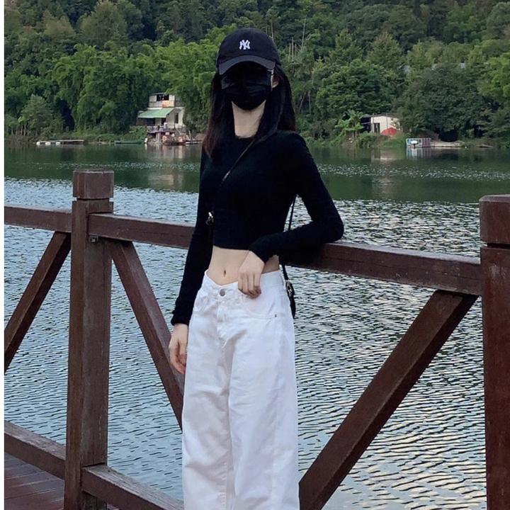 不透白色t恤女长袖秋季正肩95棉体恤紧身半高领休闲上衣修身t恤女