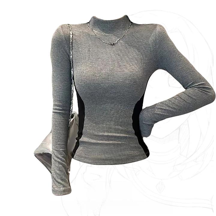 新款螺纹半高领打底衫秋冬新款设计感撞色紧身上衣显瘦长袖内搭弹