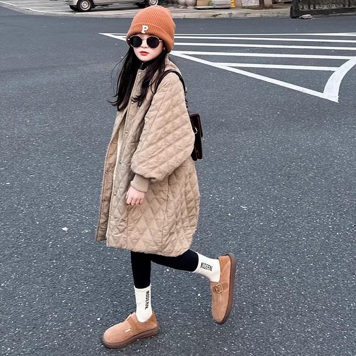 外套秋冬款2024新款洋气长版风衣女孩加棉圆领棉服加厚棉上衣