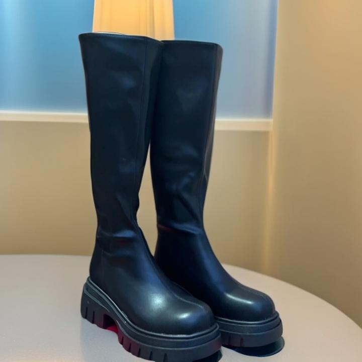 女靴时尚百搭女士厚底骑士中筒过膝长筒黑色加绒秋冬时装圆头秋季