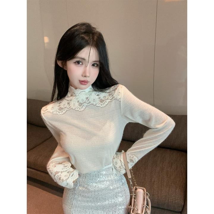 秋冬独特别致甜辣妹蕾丝拼接高领打底衫女内搭设计感宽松长袖上衣